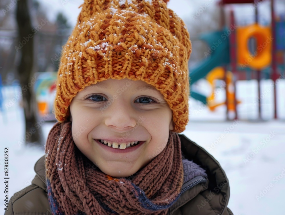 A young child dressed warmly in a knitted hat and scarf, perfect for winter scenes or family portraits A young child dressed warmly in a knitted hat and scarf, perfect for winter scenes or family portraits