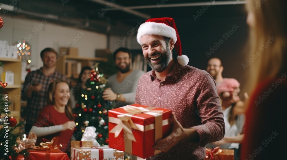 A jolly Santa Claus holding a wrapped present, ready to deliver holiday cheer A jolly Santa Claus holding a wrapped present, ready to deliver holiday cheer