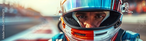 Race car driver in helmet, intense focus, blurred racetrack