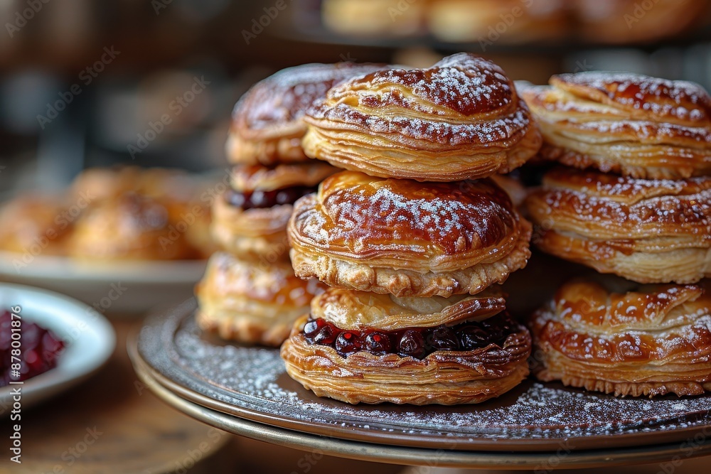 A plate of Eccles cakes, flaky pastries filled with currants and dusted with sugar. A plate of Eccles cakes, flaky pastries filled with currants and dusted with sugar.