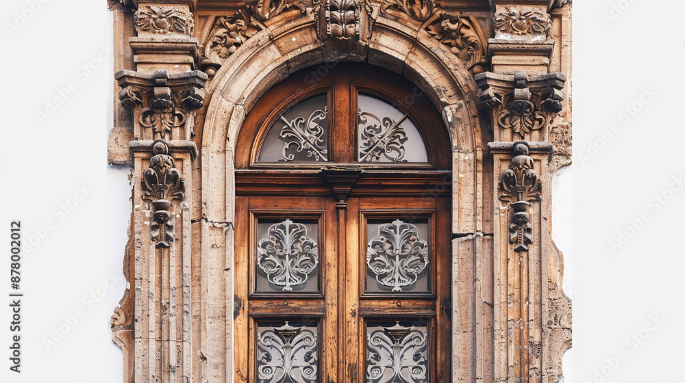 Obraz premium A high-definition image of a vintage wooden window with intricate details on a white background