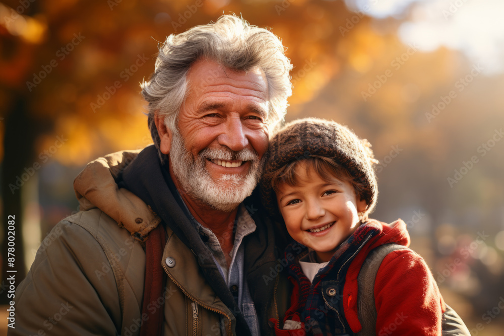 A happy moment between a man and his young son, smiling together A happy moment between a man and his young son, smiling together