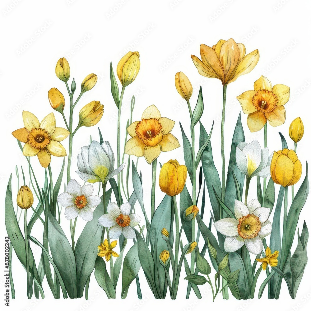 Obraz premium A watercolor illustration of a vibrant spring meadow with blooming daffodils and tulips