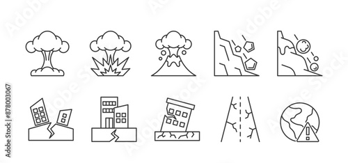 Collection Of Linear Icons Representing Natural Disasters As Earthquake, Volcanic Eruption Nuclear Explosion, Landslide