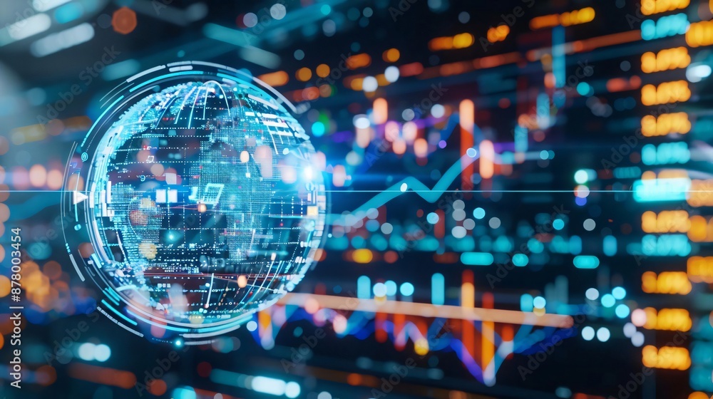 Futuristic digital globe and financial chart graph. Global technology, business investment, stock market, data analytics concept. Futuristic digital globe and financial chart graph. Global technology, business investment, stock market, data analytics concept.