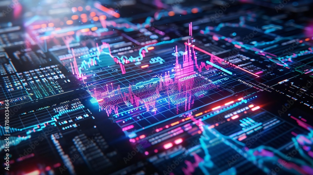 Colorful neon financial charts and graphs displaying stock market data, illustrating market trends and analytics in a futuristic setting. Colorful neon financial charts and graphs displaying stock market data, illustrating market trends and analytics in a futuristic setting.
