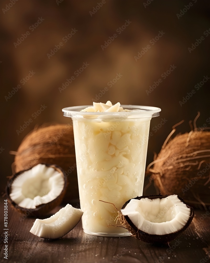 Creamy Coconut Smoothie or Milkshake Drink in Glass on Rustic Wooden Background Creamy Coconut Smoothie or Milkshake Drink in Glass on Rustic Wooden Background