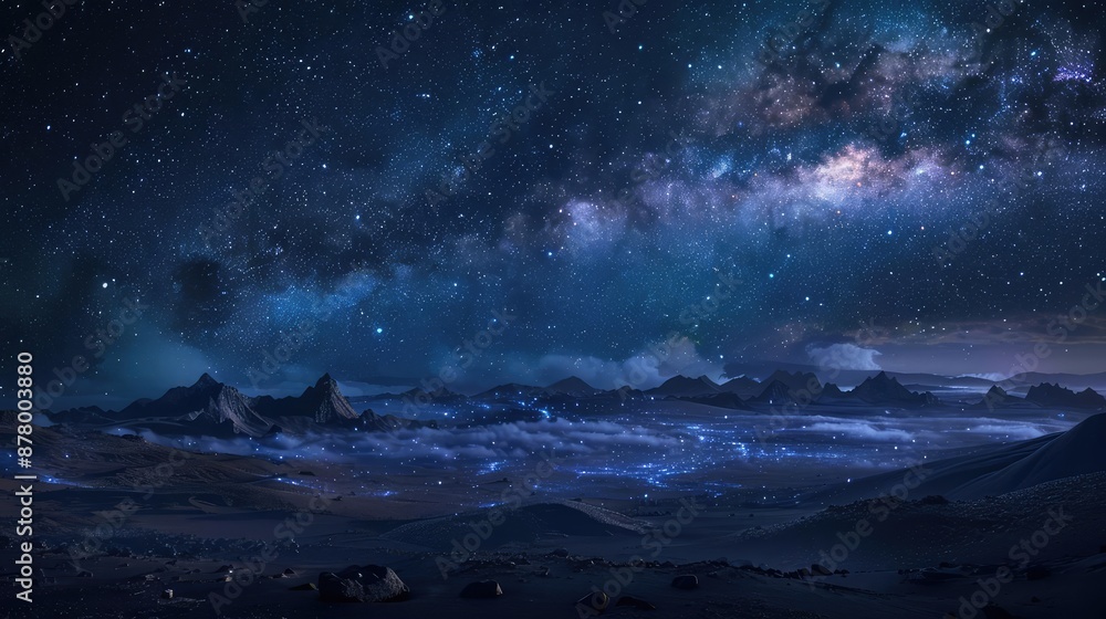 Naklejka premium A night view of high land on earth quiet calm tranquill under the Milky Way galaxy