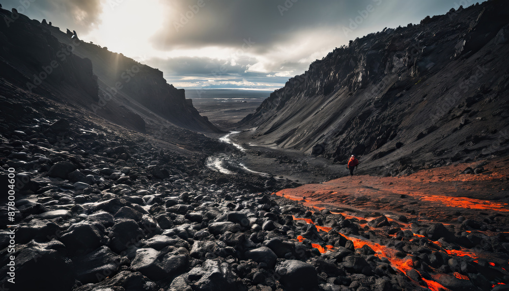 Lava Field Wanders in Cloudy Winter: The Expeditioner's Quest Enveloped in Landslide