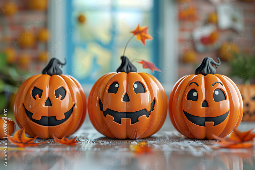 Three vibrant jack-o-lanterns with playful expressions Three vibrant jack-o-lanterns with playful expressions