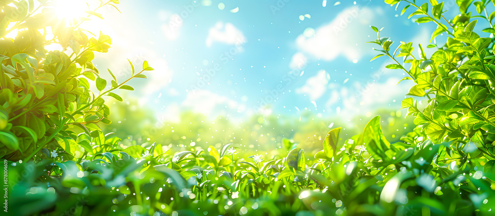 Lush green plants under a bright blue sky with fluffy clouds, bathed in warm, golden sunlight. A serene and refreshing nature scene. Lush green plants under a bright blue sky with fluffy clouds, bathed in warm, golden sunlight. A serene and refreshing nature scene.