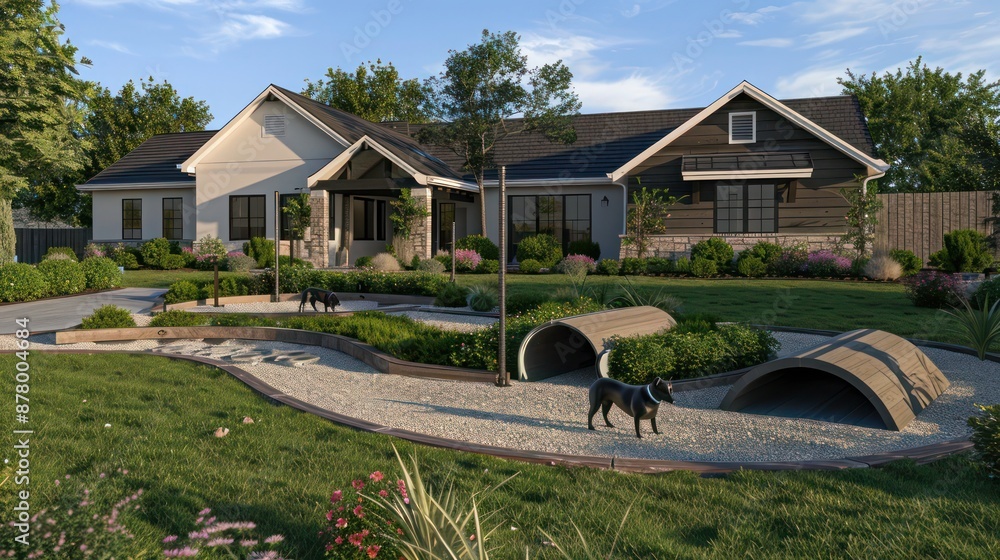 Ramp Ranch ranch-style home with a front yard that features a custom-designed ...