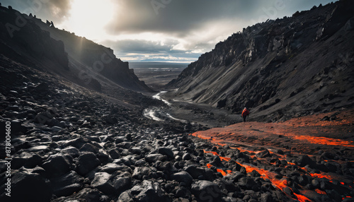 Obraz na płótnie Lava Field Wanders in Cloudy Winter: The Expeditioner's Quest Enveloped in Landslide w salonie