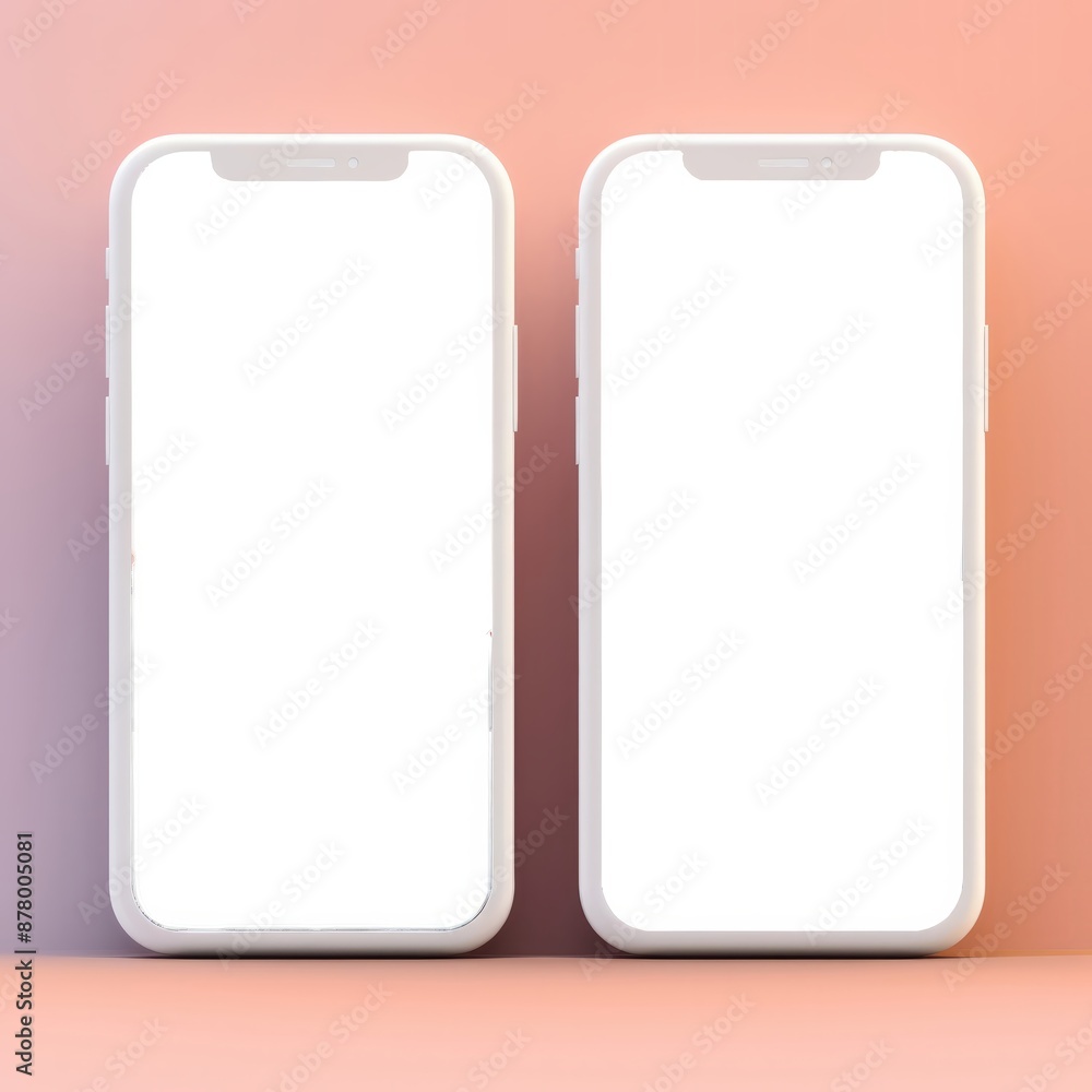 Material for synthesizing images pair of operating smartphones with white background mockup. High quality photo