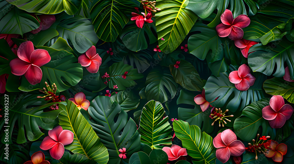 Vibrant tropical background with lush green leaves and bright pink flowers, creating a beautiful and exotic jungle scenery. Vibrant tropical background with lush green leaves and bright pink flowers, creating a beautiful and exotic jungle scenery.