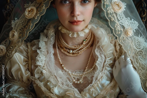 Woman wearing a veil and pearls on her head, wedding