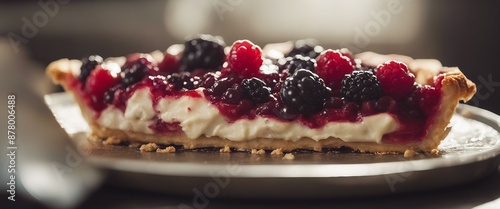 A delicious looking fruit pie with blueberries sitting atop some pastry crumbs. It is placed on top of aluminum foil which sits neatly on a table or countertop.