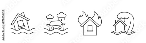 Set Of Line Icons Representing Various Natural Disasters Including Flooding, Storm, Fire And Tsunami, Vector Signs