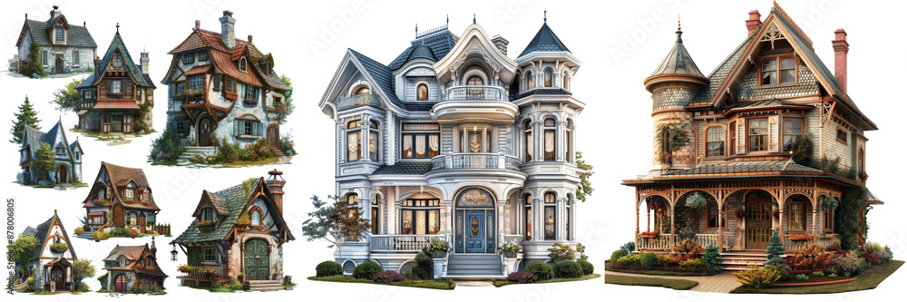 Collection of Unique Houses Set Isolated on Transparent or White Background, PNG Collection of Unique Houses Set Isolated on Transparent or White Background, PNG
