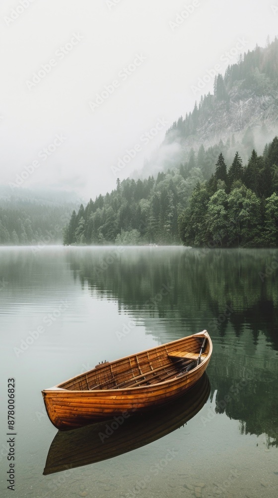 Obraz premium Wooden Rowboat Moored on Foggy Lake