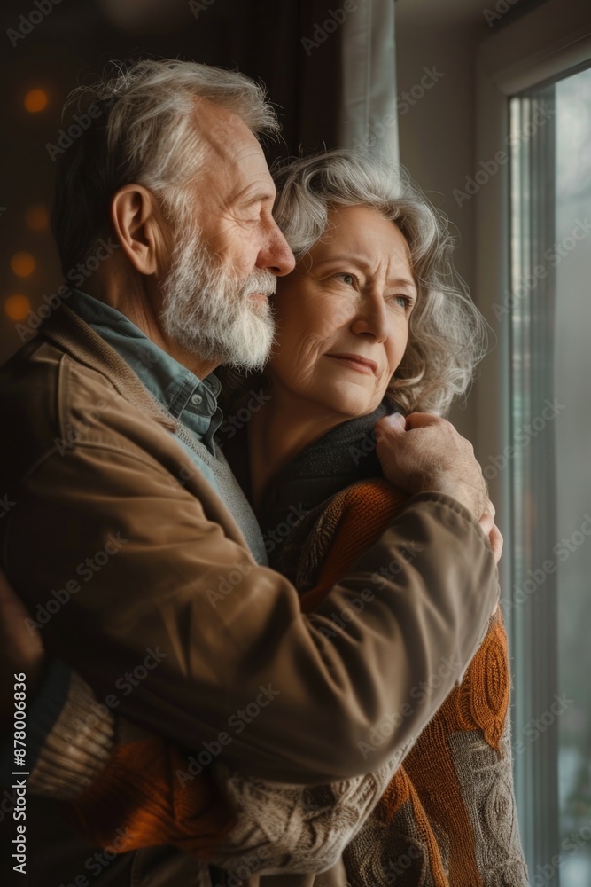 A romantic moment between two people, embracing in front of a window A romantic moment between two people, embracing in front of a window