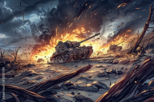 Tank Battle in the Midst of Fierce Crossfire and Explosions on a War-Torn Battlefield photo