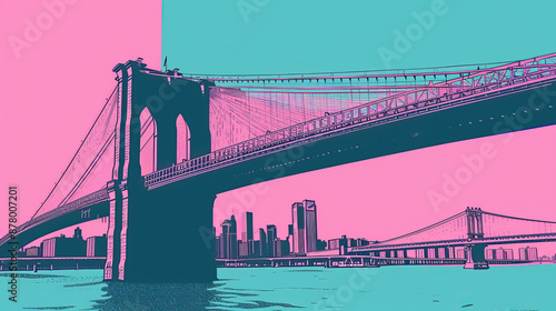 Risograph riso print travel poster, card, wallpaper or banner illustration, modern, isolated, clear and simple of Brooklyn Bridge, New York City, USA. Texture, backdrop, screen printing, stencil