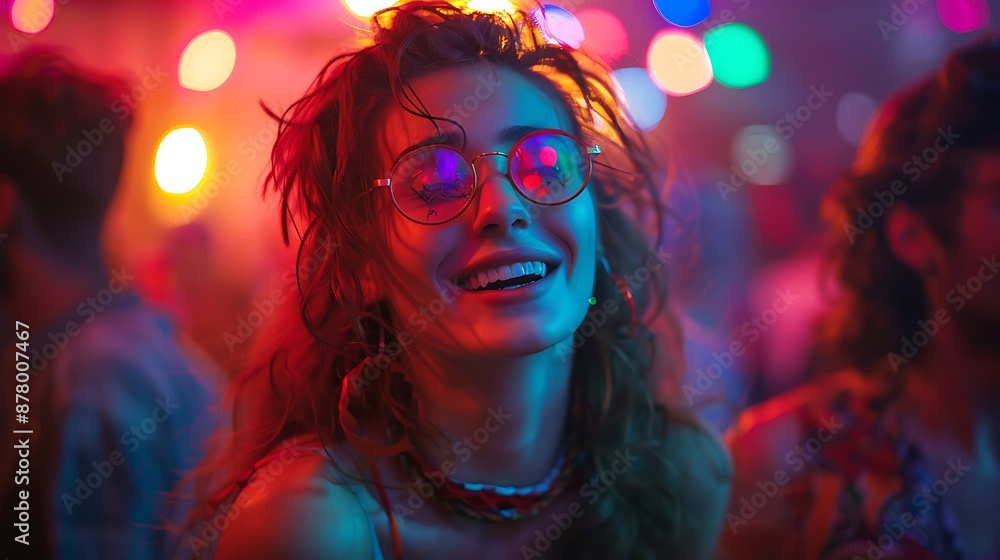 Smiling Woman in Neon Lights at a Party Smiling Woman in Neon Lights at a Party