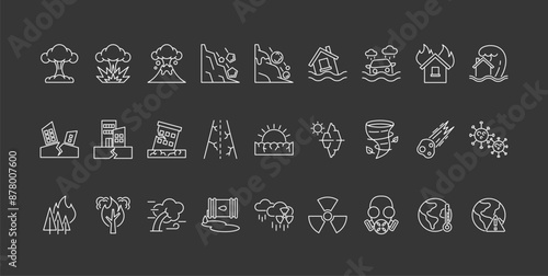 Collection Of Black And White Icons Representing Various Natural Disasters Like Earthquakes, Floods, Tornado