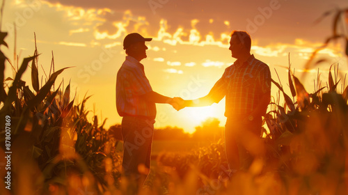 Two farmers shake hands in front of a cornfield as the sun sets. photo