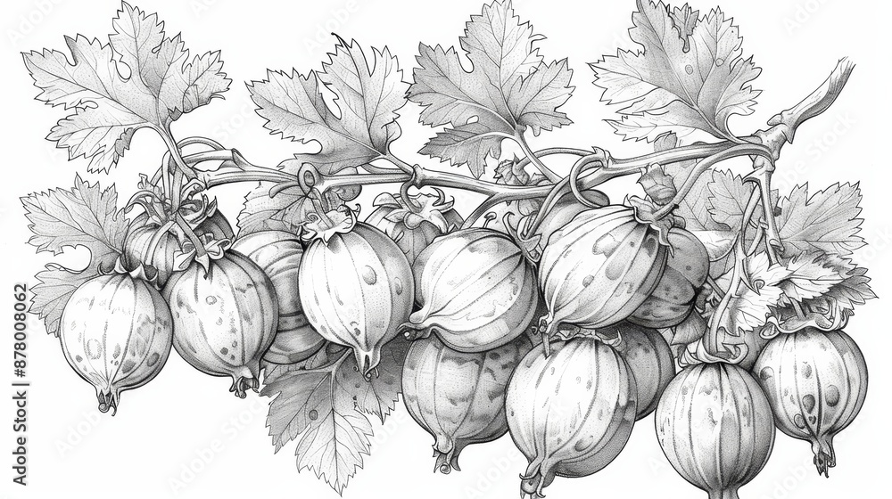 custom made wallpaper toronto digitalcoloring book Black and white drawing of a branch of gooseberries with leaves.
