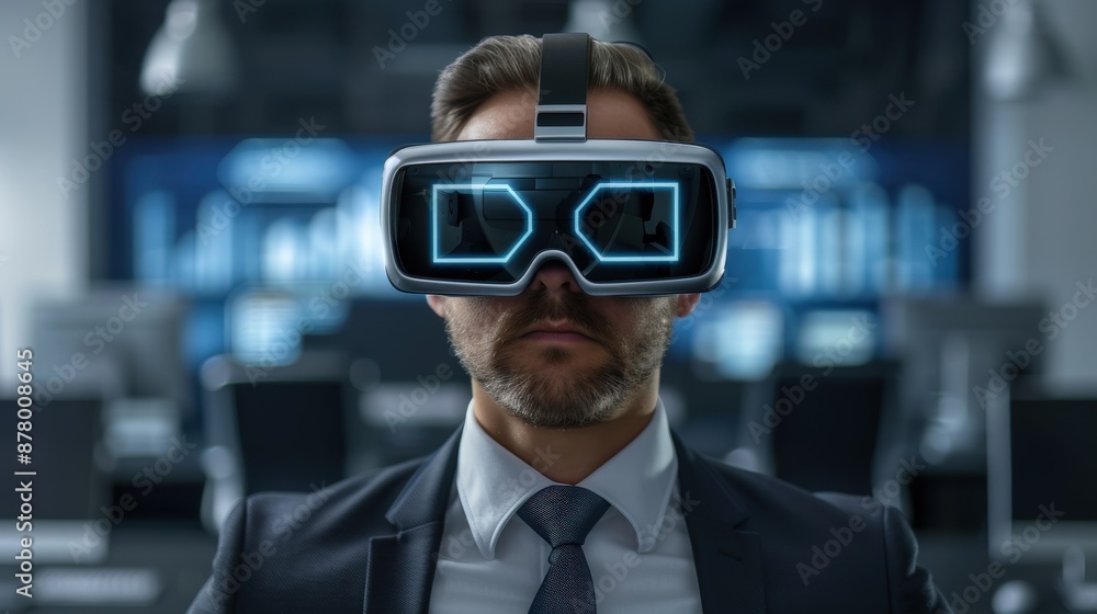 A businessman using augmented reality glasses in a virtual office A businessman using augmented reality glasses in a virtual office