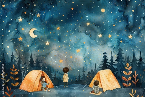 Two children gaze up at a starry sky while camping in the woods.  The night sky is filled with stars and a crescent moon. photo