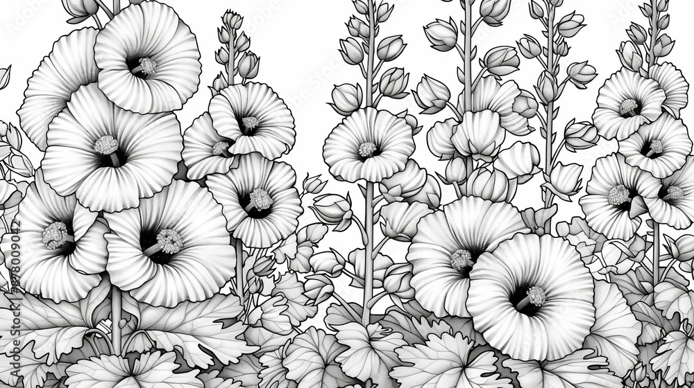 coloring book Black and white image of hollyhocks. coloring book Black and white image of hollyhocks.