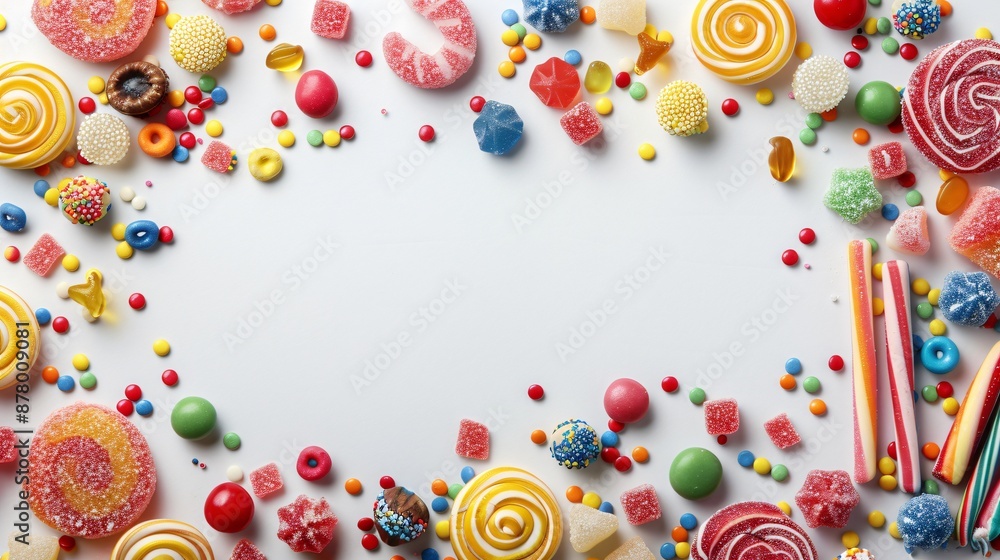 Fototapeta premium Colorful candies and sweets creating a vibrant frame around a white copy space