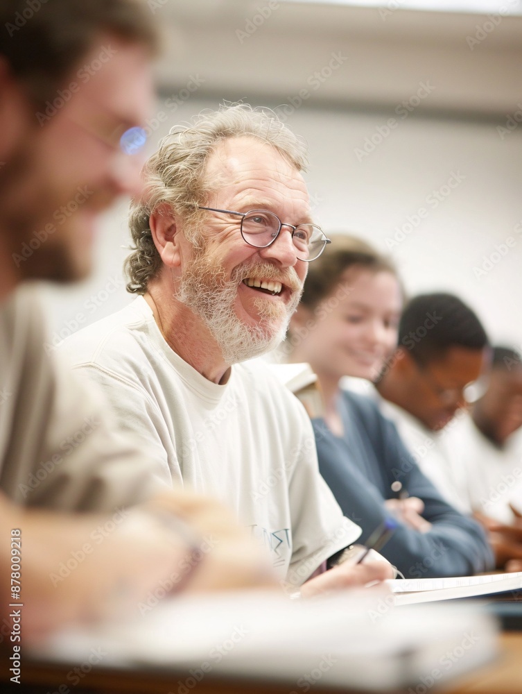 Fototapeta premium Editorial style photo of a small group of students receiving instruction from a professor, dynamic composition, bright classroom, engaging expressions