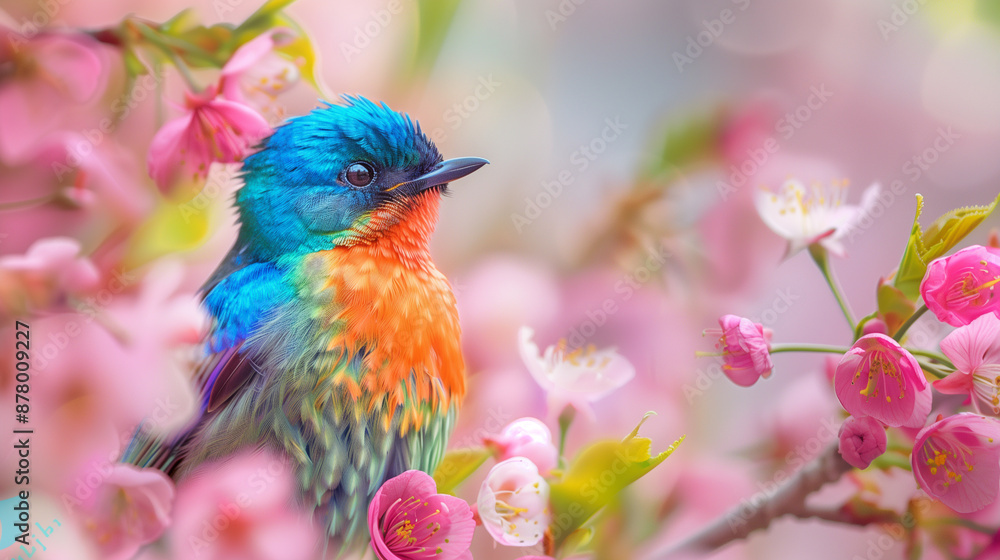 Vibrant bird with blue and orange feathers perched among delicate pink blossoms, capturing the beauty of springtime nature.. Vibrant bird with blue and orange feathers perched among delicate pink blossoms, capturing the beauty of springtime nature..