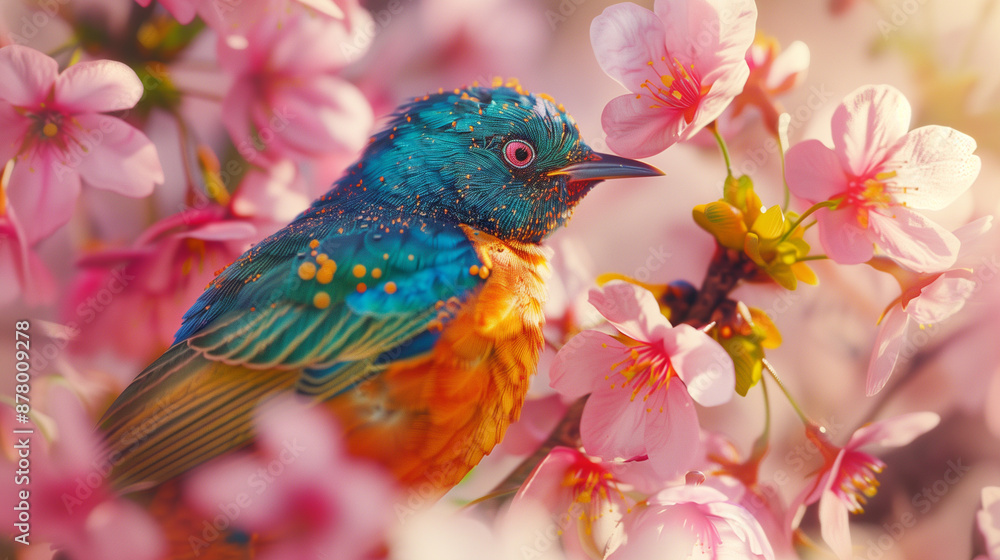 Fototapeta premium Vibrant bird with blue and orange feathers perched among delicate pink blossoms, capturing the beauty of springtime nature..