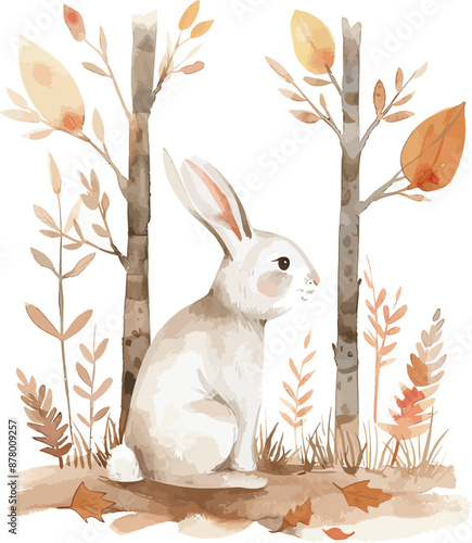 Rabbit In Woods Watercolor Vector Design Illustration.