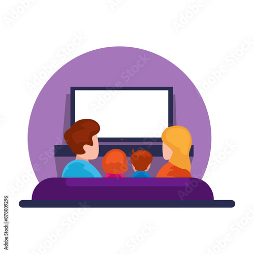 Family Watch TV From Back View Symbol Cartoon Illustration Vector