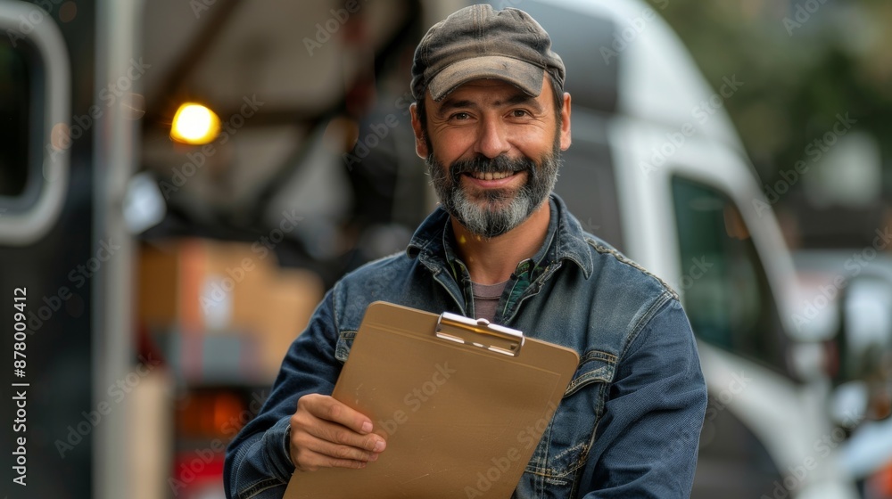 Delivery Driver with Clipboard Focus on a delivery driver holding a clipboard, smiling and looking at the camera, with a delivery truck background, empty space left for text 