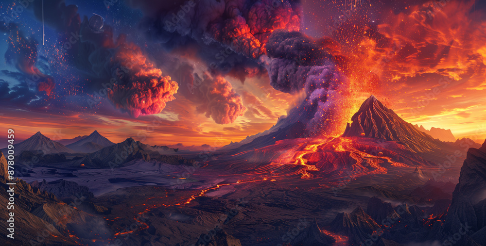 Dramatic scene of an erupting volcano with molten lava flowing down its slopes, set against a vibrant sunset sky, creating a mesmerizing landscape.. Dramatic scene of an erupting volcano with molten lava flowing down its slopes, set against a vibrant sunset sky, creating a mesmerizing landscape..