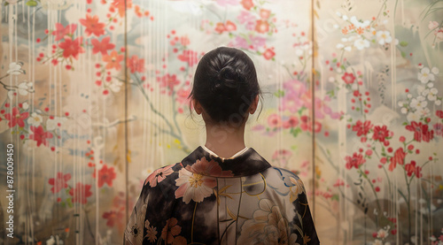 和服を着た女性の後ろ姿と水彩画風の和風背景画像