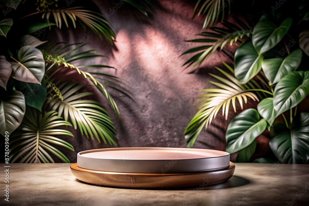 Wooden round on plant background for mocking up or display product to make advertising Wooden round on plant background for mocking up or display product to make advertising