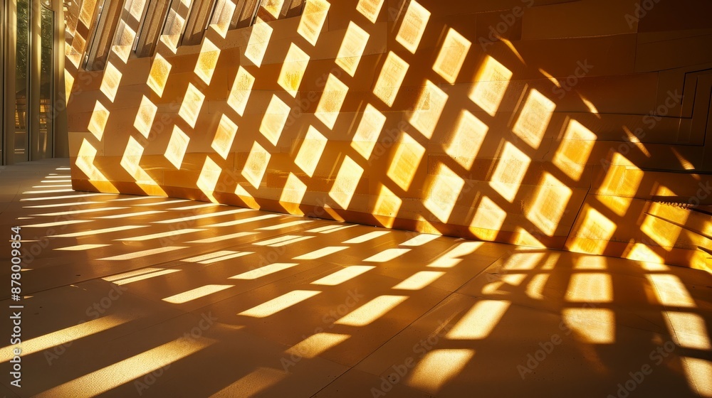 Golden light shines through a patterned window, casting long shadows on the floor Golden light shines through a patterned window, casting long shadows on the floor