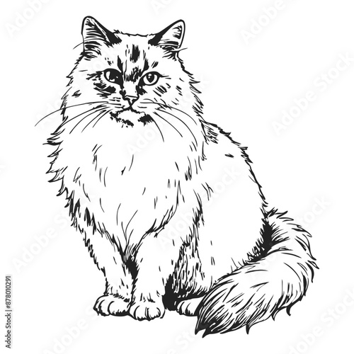 Ragdoll, cat breeds illustration with inscription, hand drawn doodle, sketch, outline black and white vector
