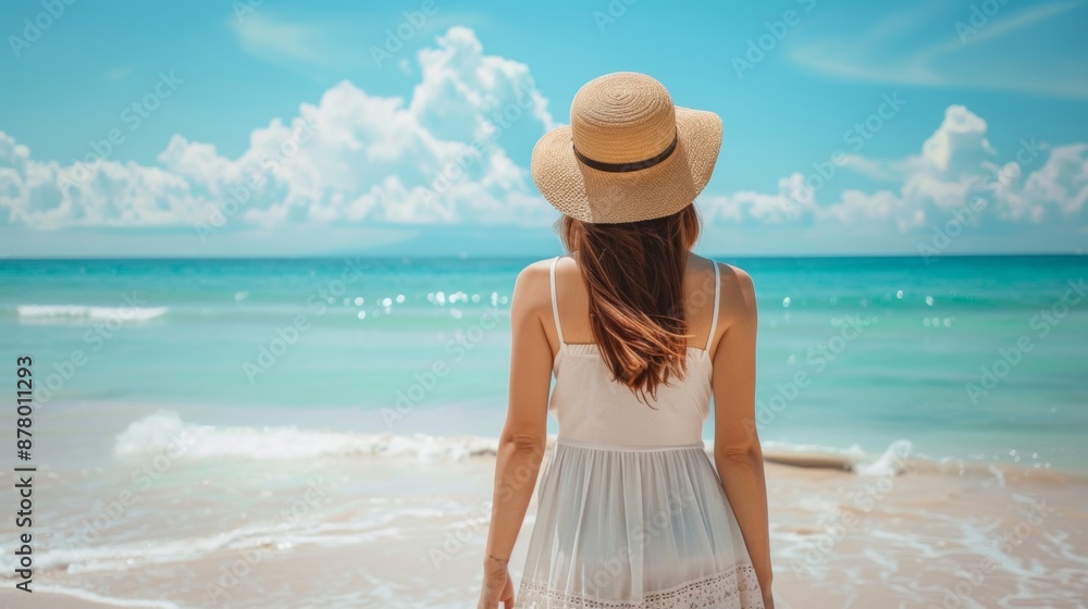 Tourist woman in summer dress and hat standing on scenic location Tourist woman in summer dress and hat standing on scenic location