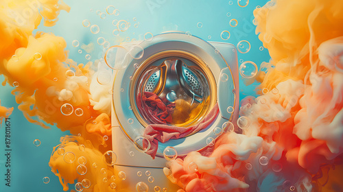 
An artistic poster of a washing machine with abstract splashes of water and soap, in bold and bright colors. photo