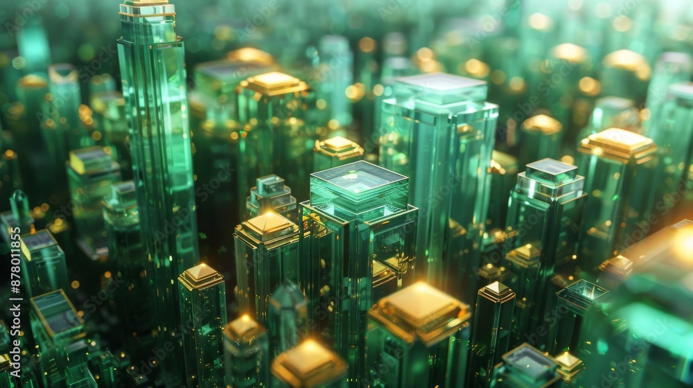 Emerald Urban Architecture: Jade Carved Structures with Gold Inlaid Reliefs, Crystal Piles, and Tall Buildings in Wide Angle Perspective Emerald Urban Architecture: Jade Carved Structures with Gold Inlaid Reliefs, Crystal Piles, and Tall Buildings in Wide Angle Perspective