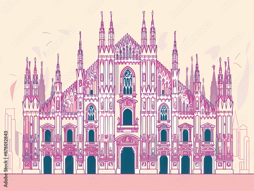 Fototapeta premium Risograph riso print travel poster, card, wallpaper or banner illustration, modern, isolated, clear and simple of Duomo di Milano, Milan, Italy. Artistic, screen printing, retro, vintage